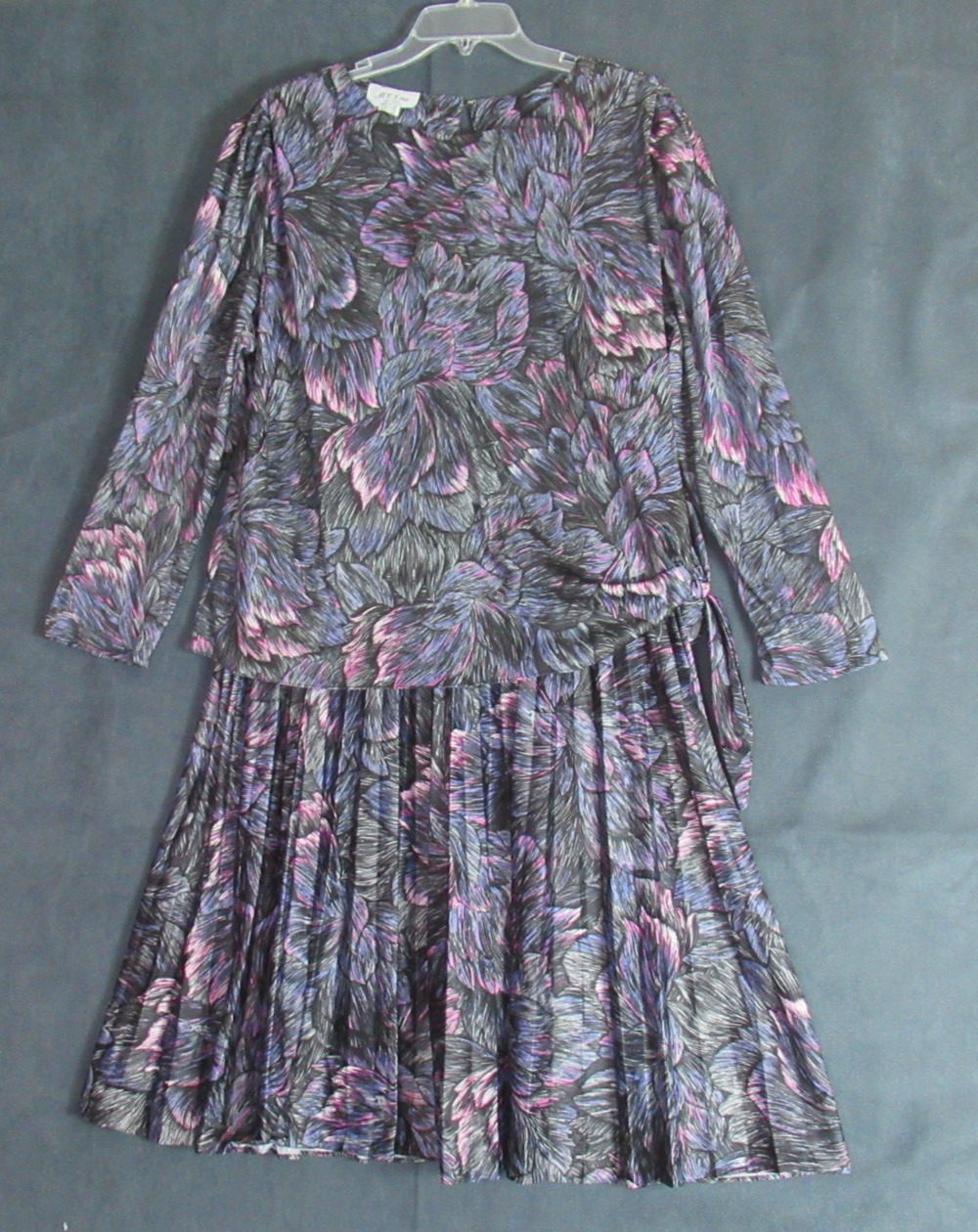 Vintage MCS Ltd Dress Size XL Gray Purple Secretary Geek Pleated Modest 80s Maxi
